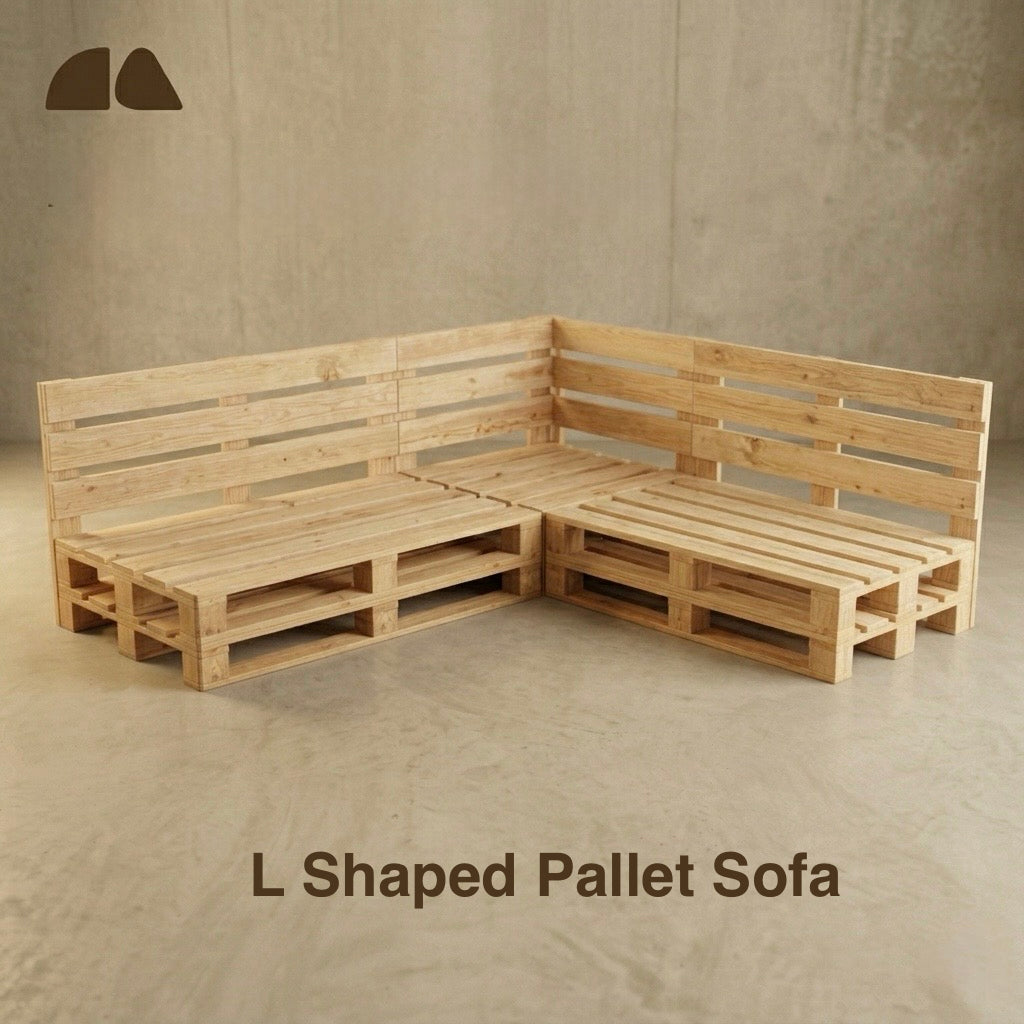 L shaped pallet sofa 90x60 inch corner setup - Brownhues Bangalore