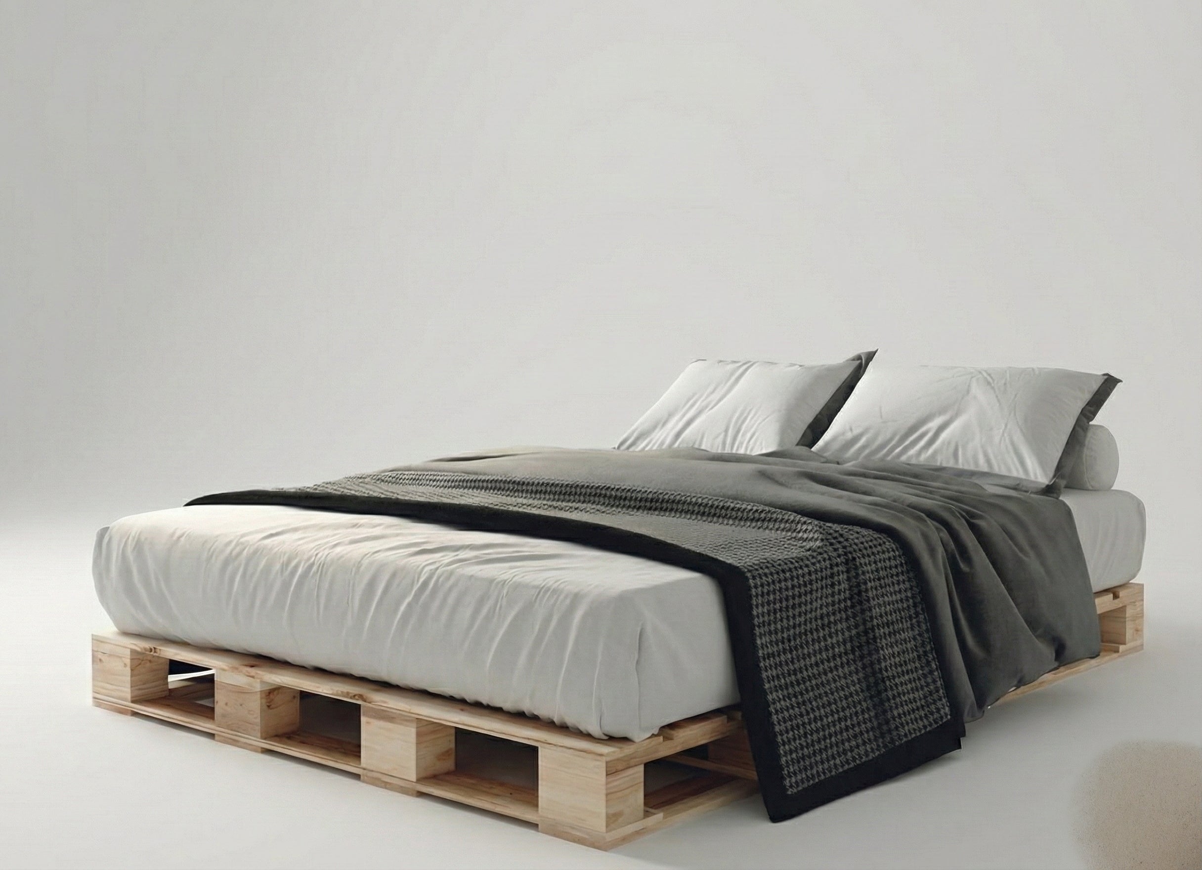 Brownhues wooden pallet bed in a Bangalore bedroom - solid pinewood frame