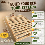 Wooden pallet bed with build-your-bed-your-style text and features on a beige background