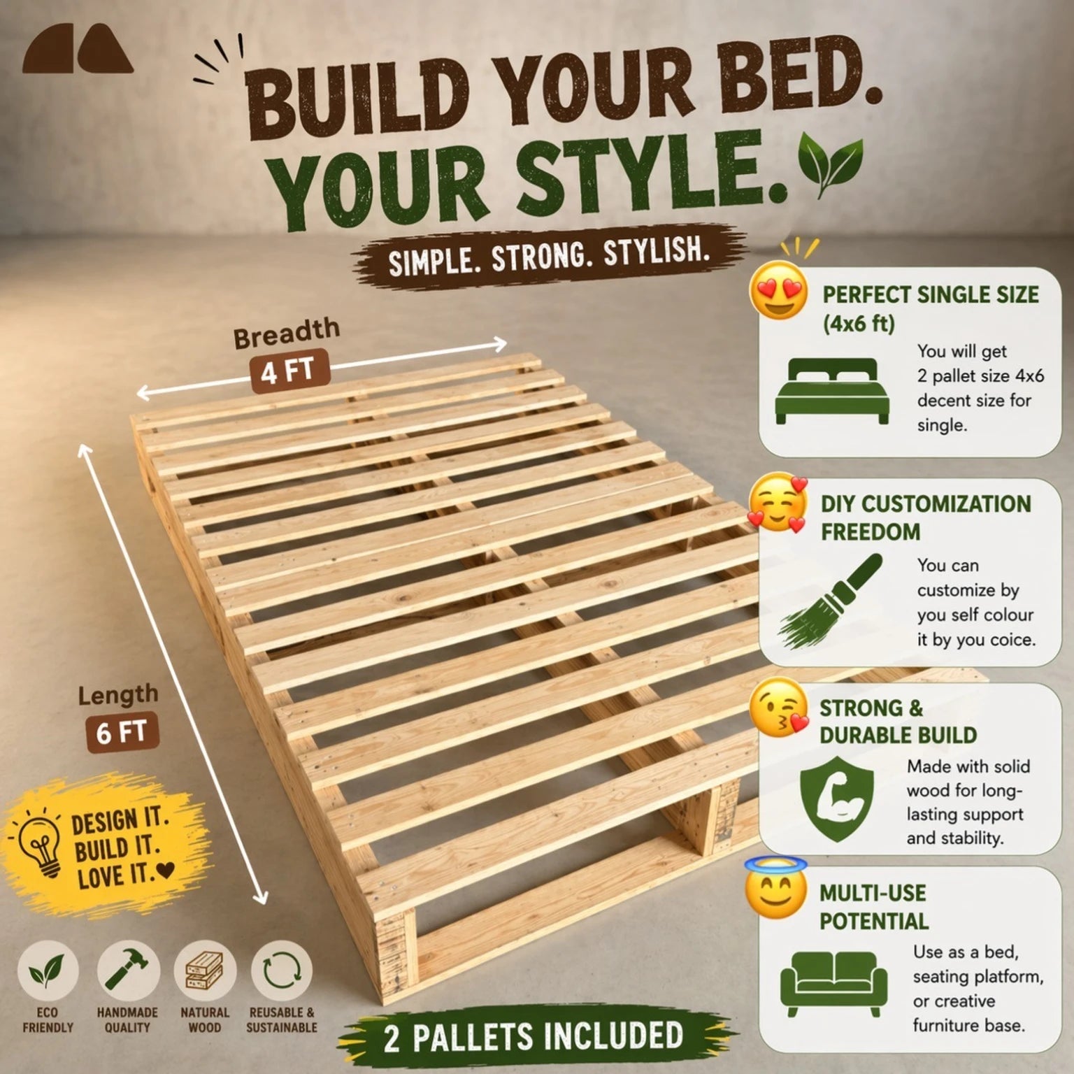 Wooden pallet bed with build-your-bed-your-style text and features on a beige background