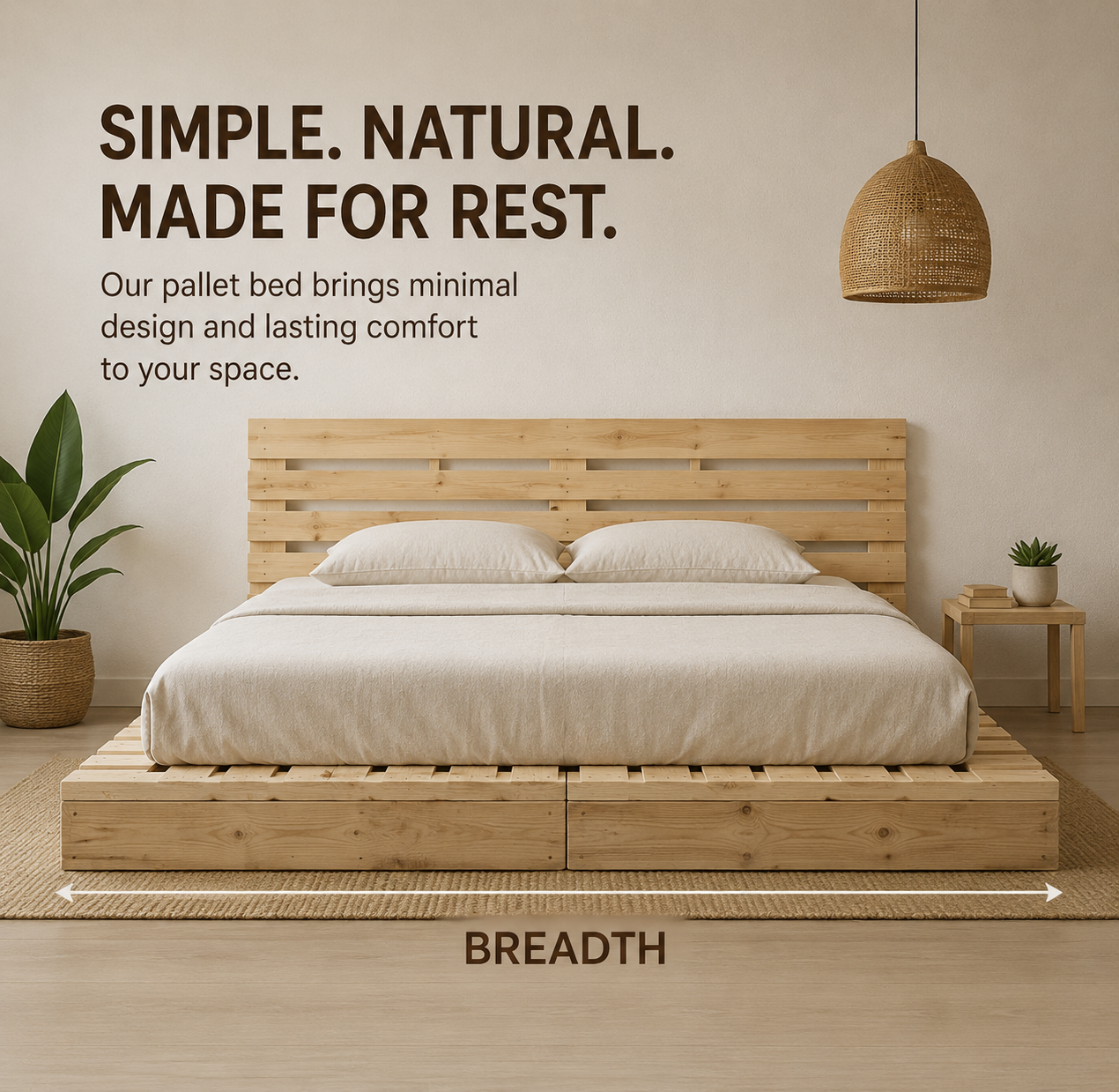 Wooden pallet bed with bedding in a minimalistic bedroom setting, featuring text about the bed's design and comfort.